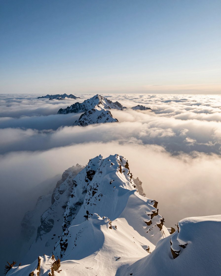 Snow-covered peaks rising above a sea of clouds at sunrise, made on the meterless Image studio